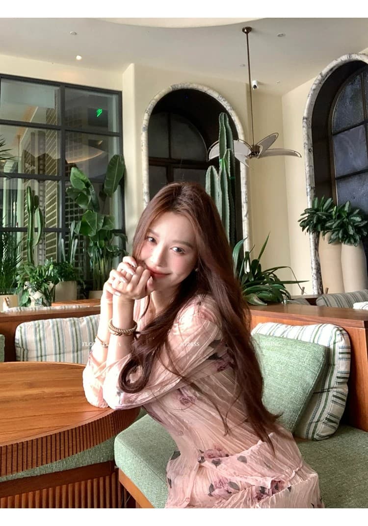 꽃 위안 장미 속삭임 핑크색 프랑스식 프린트 여성 셔츠 봄 여름 얇은 스타일 압력 주름 질감 반신 치마 세트 상세 이미지 7
