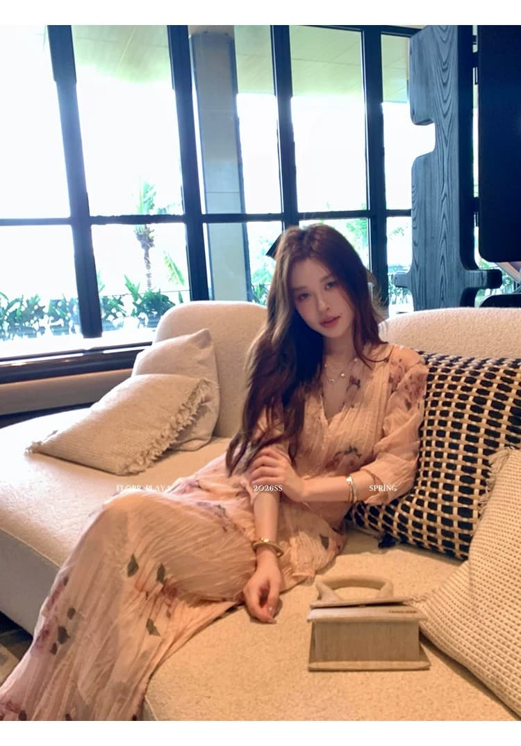 꽃 위안 장미 속삭임 핑크색 프랑스식 프린트 여성 셔츠 봄 여름 얇은 스타일 압력 주름 질감 반신 치마 세트 상세 이미지 9