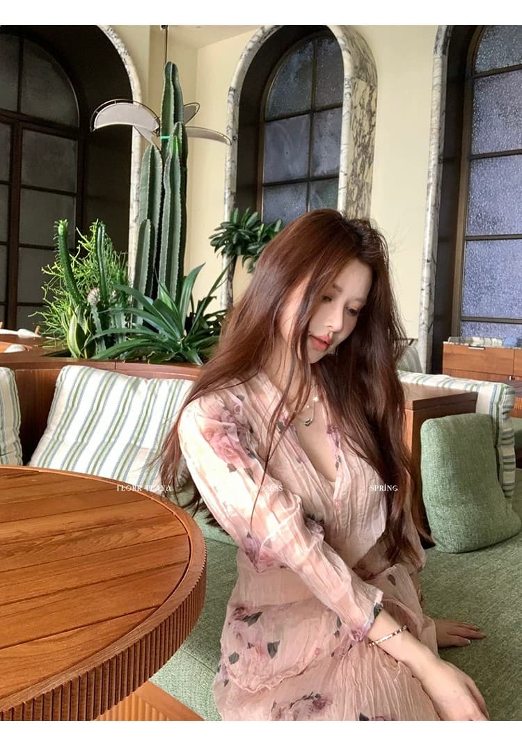 꽃 위안 장미 속삭임 핑크색 프랑스식 프린트 여성 셔츠 봄 여름 얇은 스타일 압력 주름 질감 반신 치마 세트 상세 이미지 10