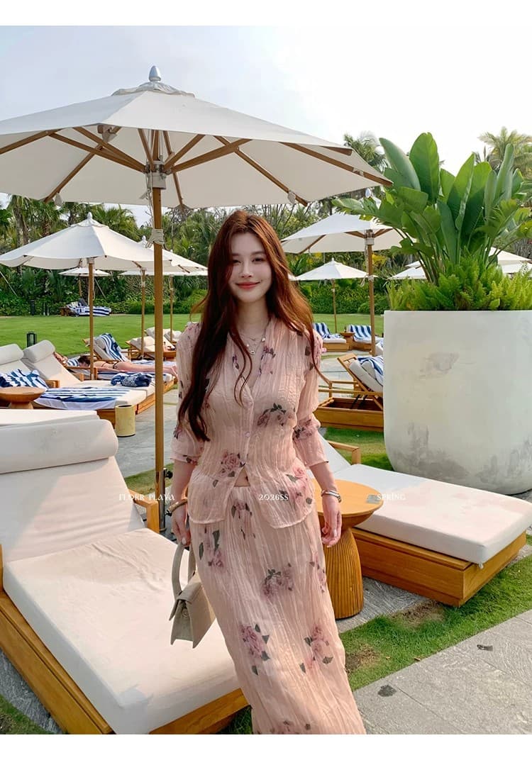 꽃 위안 장미 속삭임 핑크색 프랑스식 프린트 여성 셔츠 봄 여름 얇은 스타일 압력 주름 질감 반신 치마 세트 상세 이미지 11
