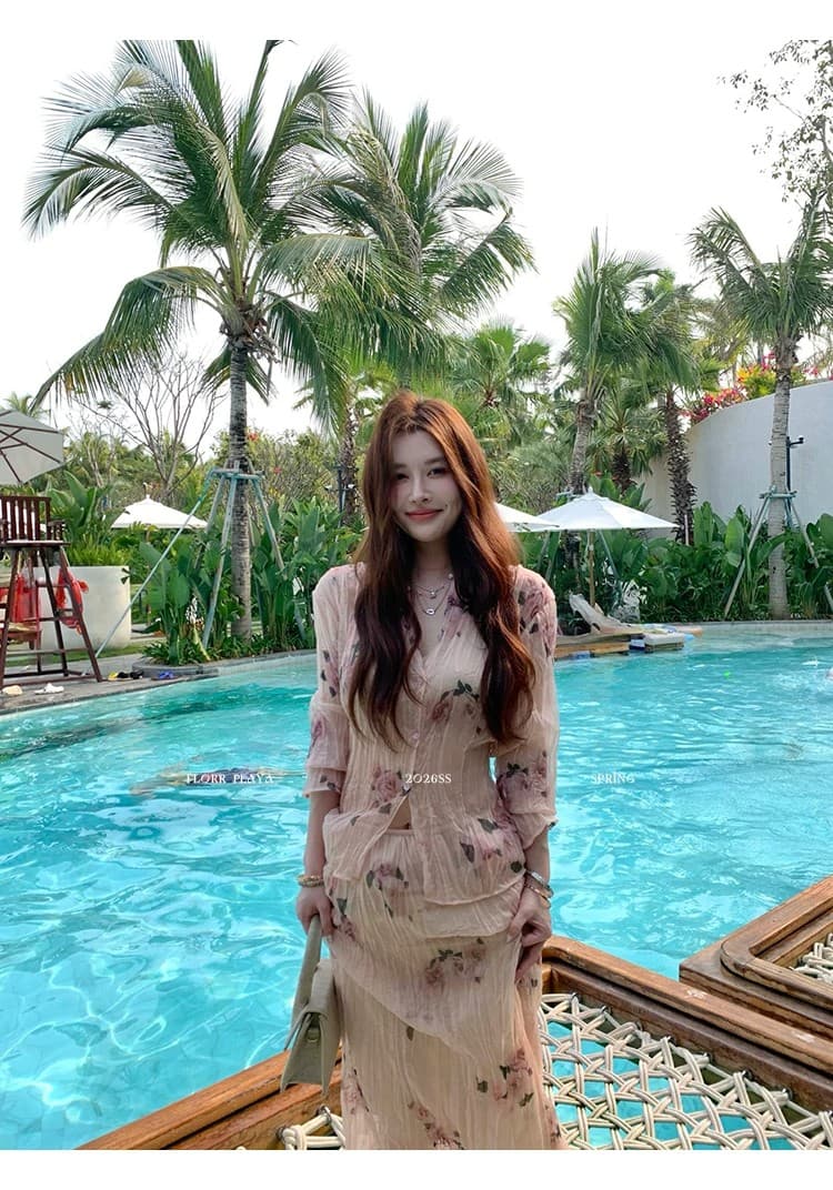꽃 위안 장미 속삭임 핑크색 프랑스식 프린트 여성 셔츠 봄 여름 얇은 스타일 압력 주름 질감 반신 치마 세트 상세 이미지 12