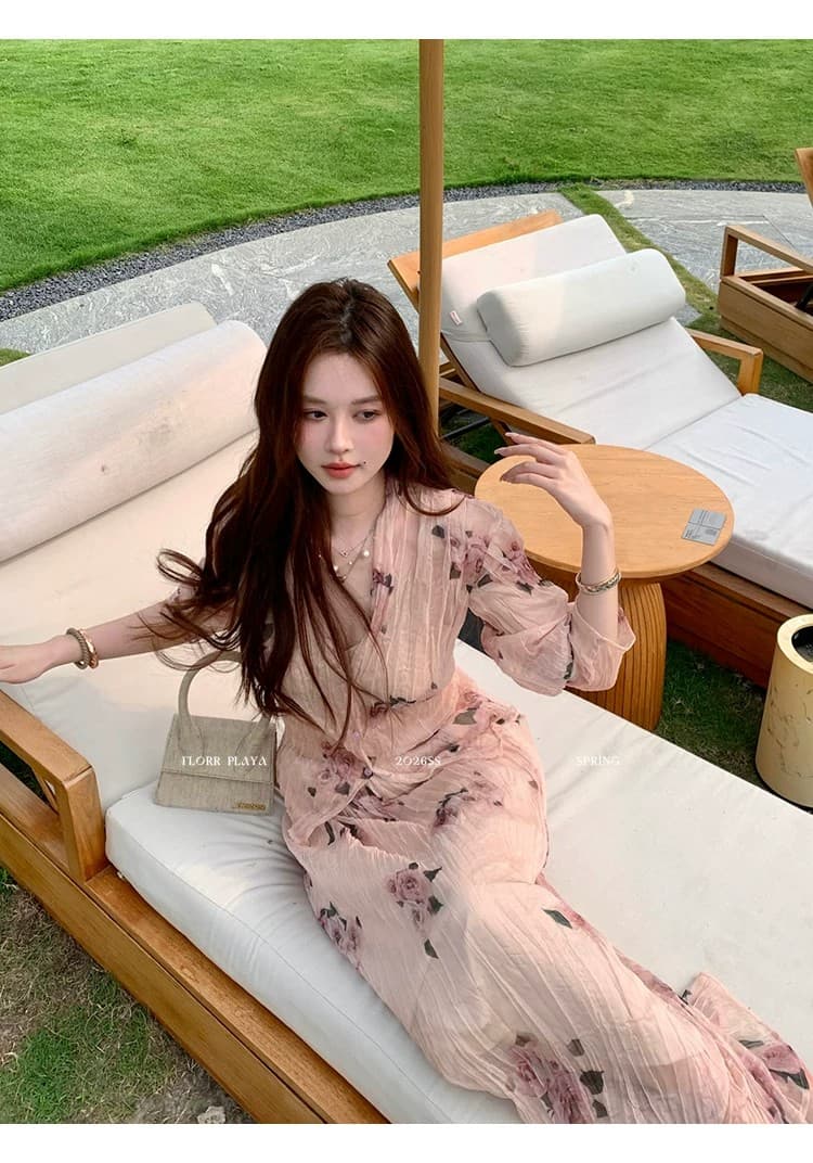 꽃 위안 장미 속삭임 핑크색 프랑스식 프린트 여성 셔츠 봄 여름 얇은 스타일 압력 주름 질감 반신 치마 세트 상세 이미지 16