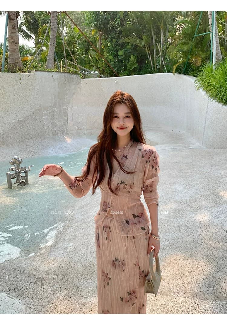 꽃 위안 장미 속삭임 핑크색 프랑스식 프린트 여성 셔츠 봄 여름 얇은 스타일 압력 주름 질감 반신 치마 세트 상세 이미지 17