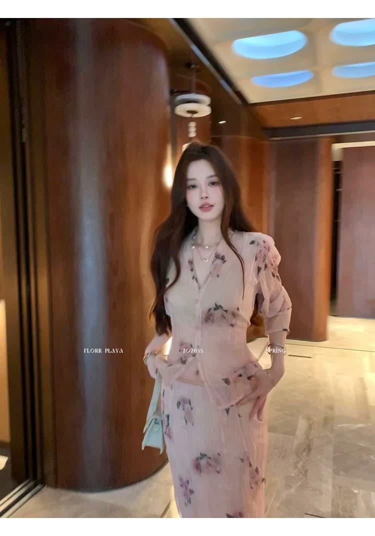 꽃 위안 장미 속삭임 핑크색 프랑스식 프린트 여성 셔츠 봄 여름 얇은 스타일 압력 주름 질감 반신 치마 세트 상세 이미지 21