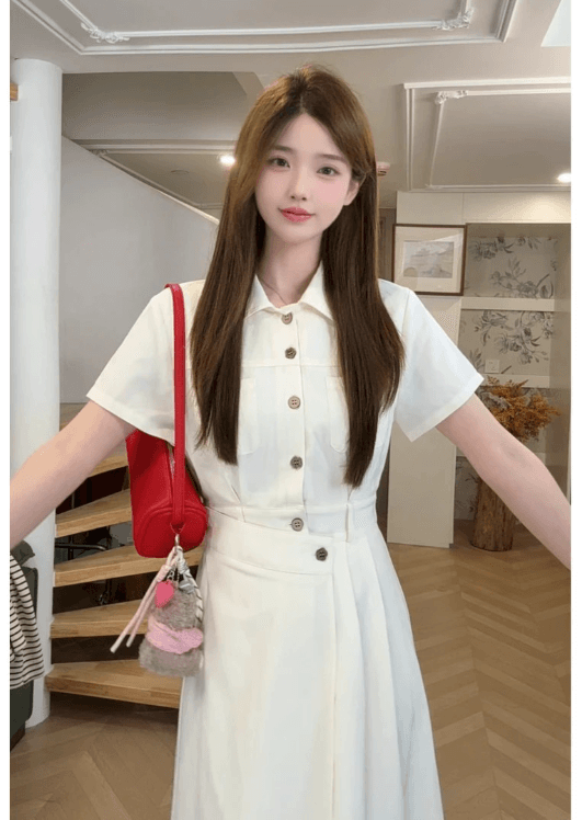 niche young 여름 프랑스식 품격 살구 색상 출퇴근 패션 허리 수축 면접 드레스