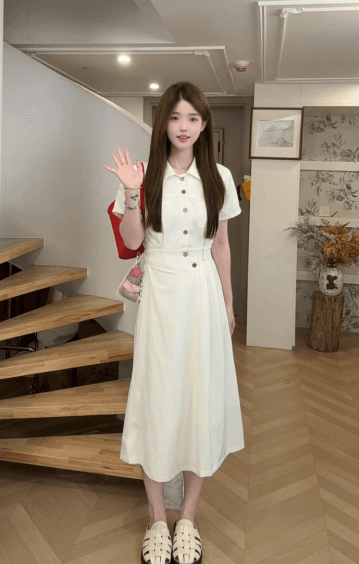 niche young 여름 프랑스식 품격 살구 색상 출퇴근 패션 허리 수축 면접 드레스 이미지 2