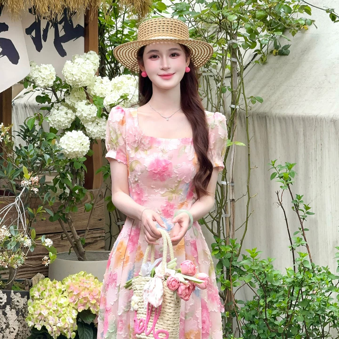 lili 리 리 가족 장미 꽃의 계절 프랑스식 휴가 바람 그라데이션 롱 스커트 핑크색 꽃 큰 진자 여성 드레스 이미지 2