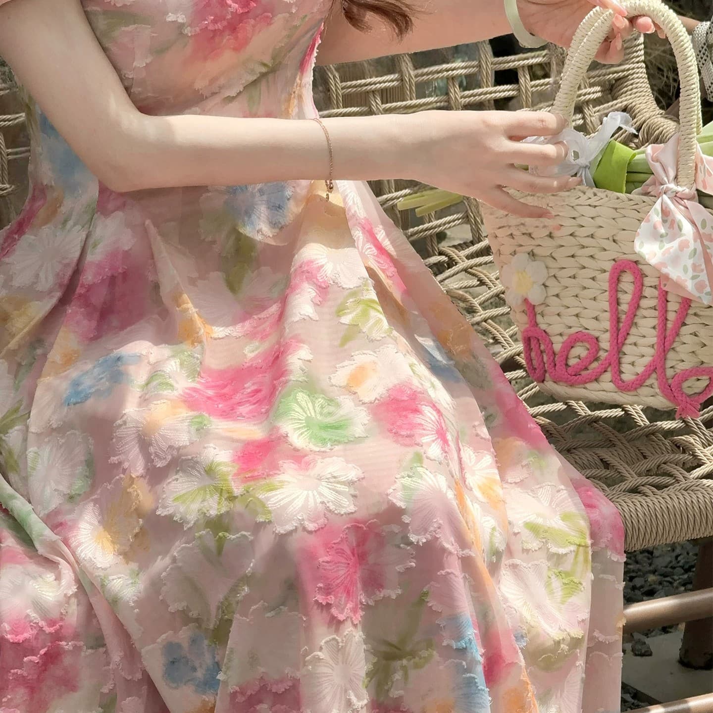 lili 리 리 가족 장미 꽃의 계절 프랑스식 휴가 바람 그라데이션 롱 스커트 핑크색 꽃 큰 진자 여성 드레스 이미지 3