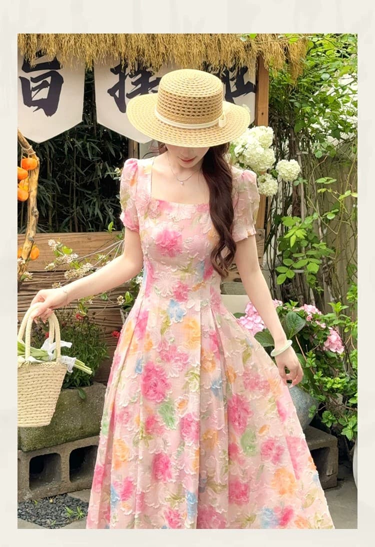 lili 리 리 가족 장미 꽃의 계절 프랑스식 휴가 바람 그라데이션 롱 스커트 핑크색 꽃 큰 진자 여성 드레스 상세 이미지 7