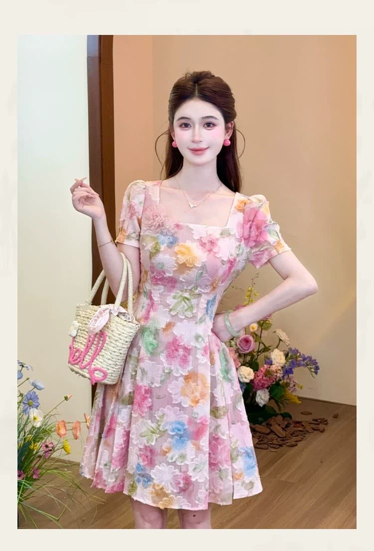 lili 리 리 가족 장미 꽃의 계절 프랑스식 휴가 바람 그라데이션 롱 스커트 핑크색 꽃 큰 진자 여성 드레스 상세 이미지 9