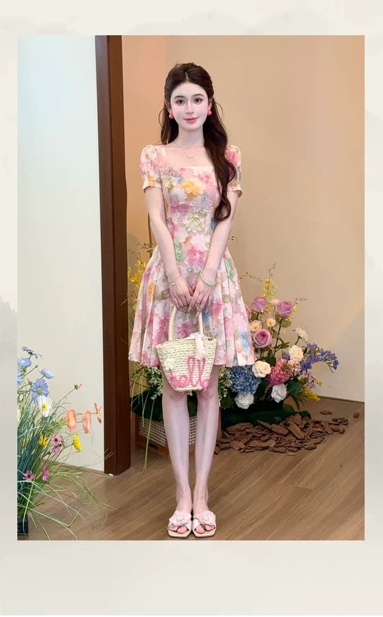 lili 리 리 가족 장미 꽃의 계절 프랑스식 휴가 바람 그라데이션 롱 스커트 핑크색 꽃 큰 진자 여성 드레스 상세 이미지 10