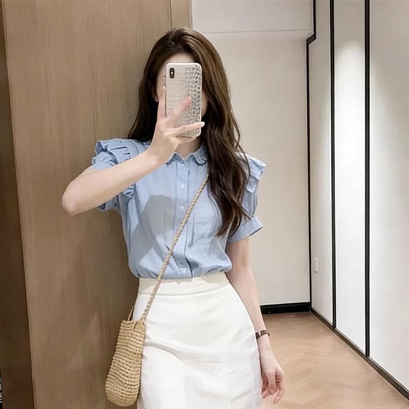 한 부서 미니멀리즘 작은 대중 디자인 센스 관대 한 점잖은 착용 가져 가라. 전체 집합 작은 키 셔츠 반신 치마 세트 여름 이미지 2