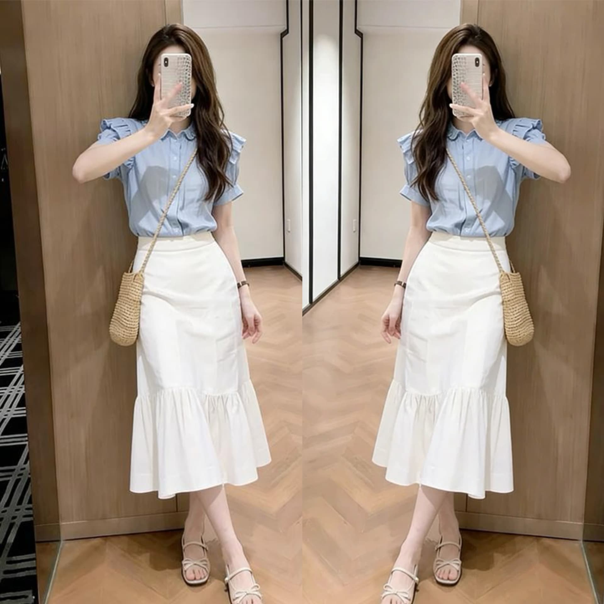한 부서 미니멀리즘 작은 대중 디자인 센스 관대 한 점잖은 착용 가져 가라. 전체 집합 작은 키 셔츠 반신 치마 세트 여름 이미지 4