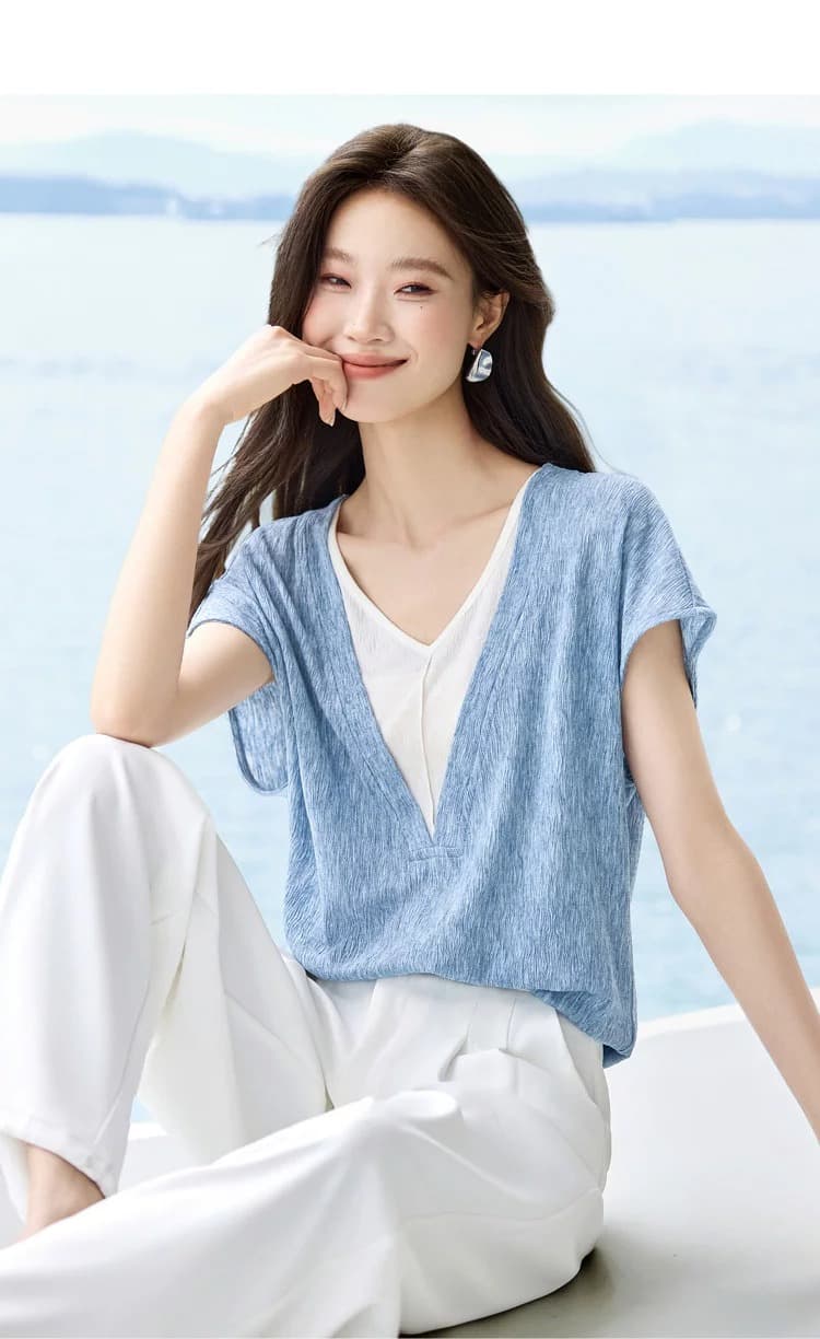 여름 새로운 새로운 배색 패치워크 질감 센스 심지어 소매 여성 허리 수축 티셔츠 상세 이미지 1