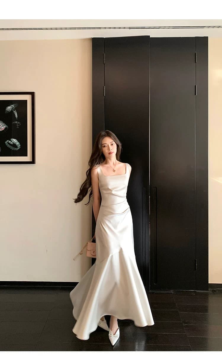 그러나 너 butyou 화이트 새틴 슬립 여성 드레스 여름 인어 꼬리 롱 코트 참여 모임 연회 작은 드레스 상세 이미지 12