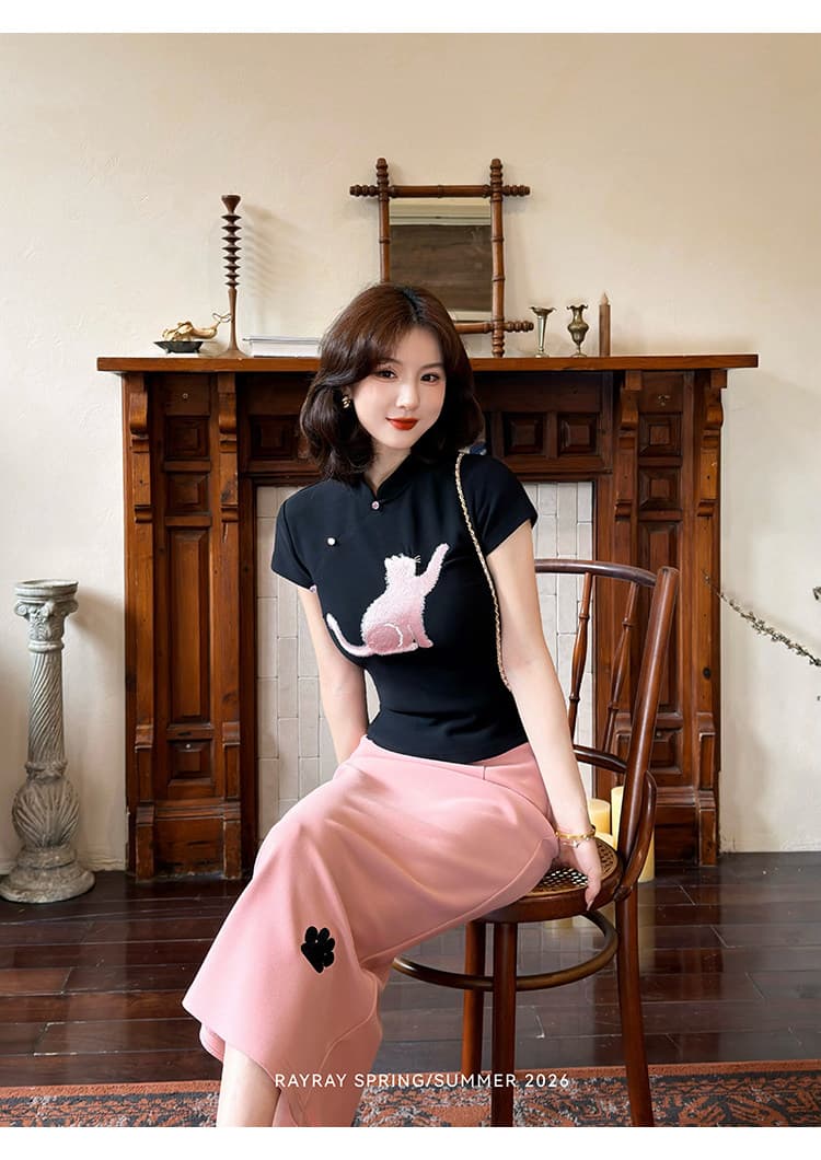 새로운 중식 국풍 새싹 잘 생긴 고양이 발톱 달콤한 사쿠라 고양이 자수 세트 여성 치파오 맨위 타이트 스커트 반신 스커트 상세 이미지 13