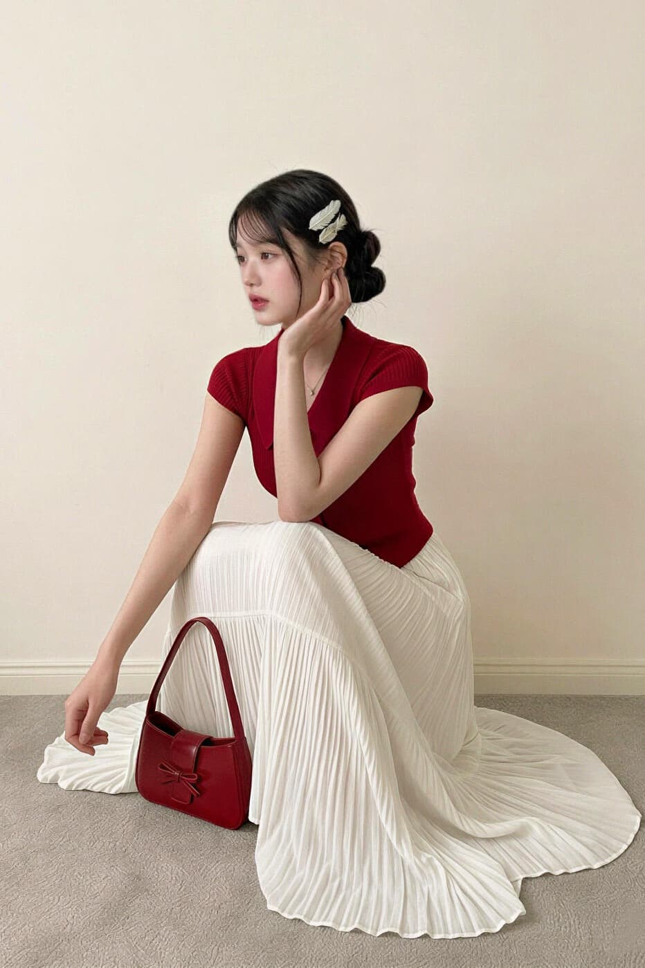 여름 새로운 빨간색 POLO 칼라 얼음 실크 폴로 칼라 민소매 플리츠 반신 스커트 빅 플레어 스커트 롱 스커트 투피스 세트 이미지 5