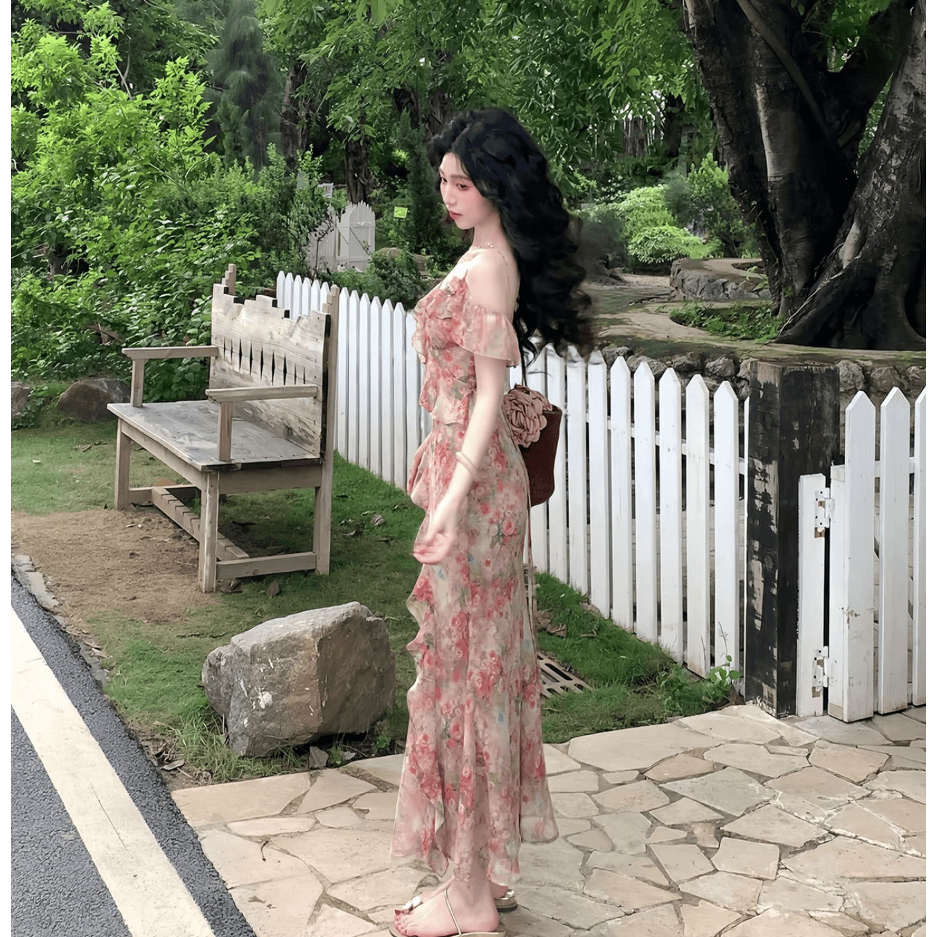 분말 안개 장미 프랑스식 레트로 품격 분위기 센스 여름 신제품 디자인 센스 슬림해 보이는 꽃무늬 슬립 드레스 이미지 4