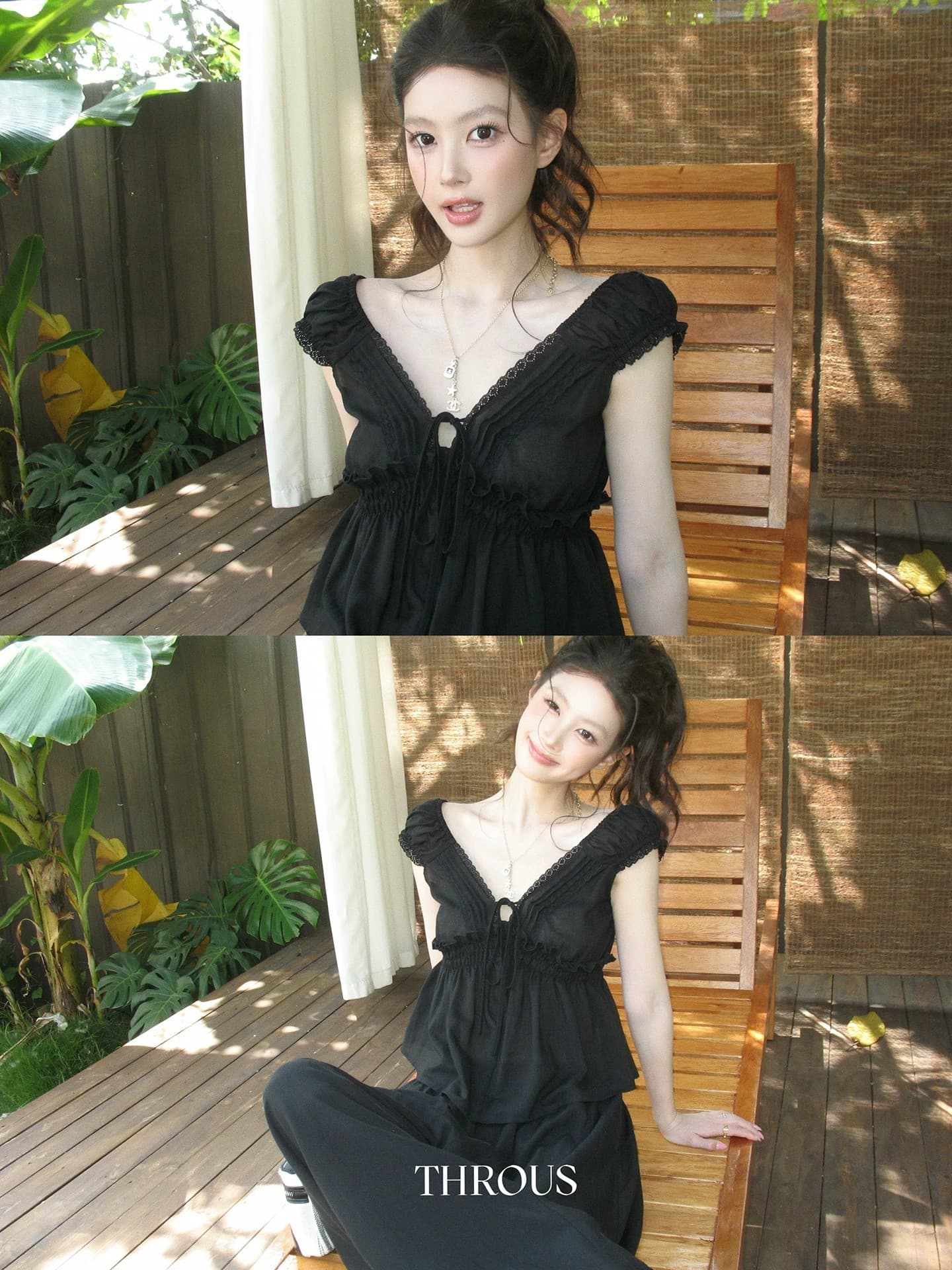 감사합니다. 아니요 고기 V넥 프릴 거품 소매 티셔츠 여성 여름 부드러운 바람 몸매 가꾸기 슬림해 보이는 캐주얼 다용도 맨위 상세 이미지 9