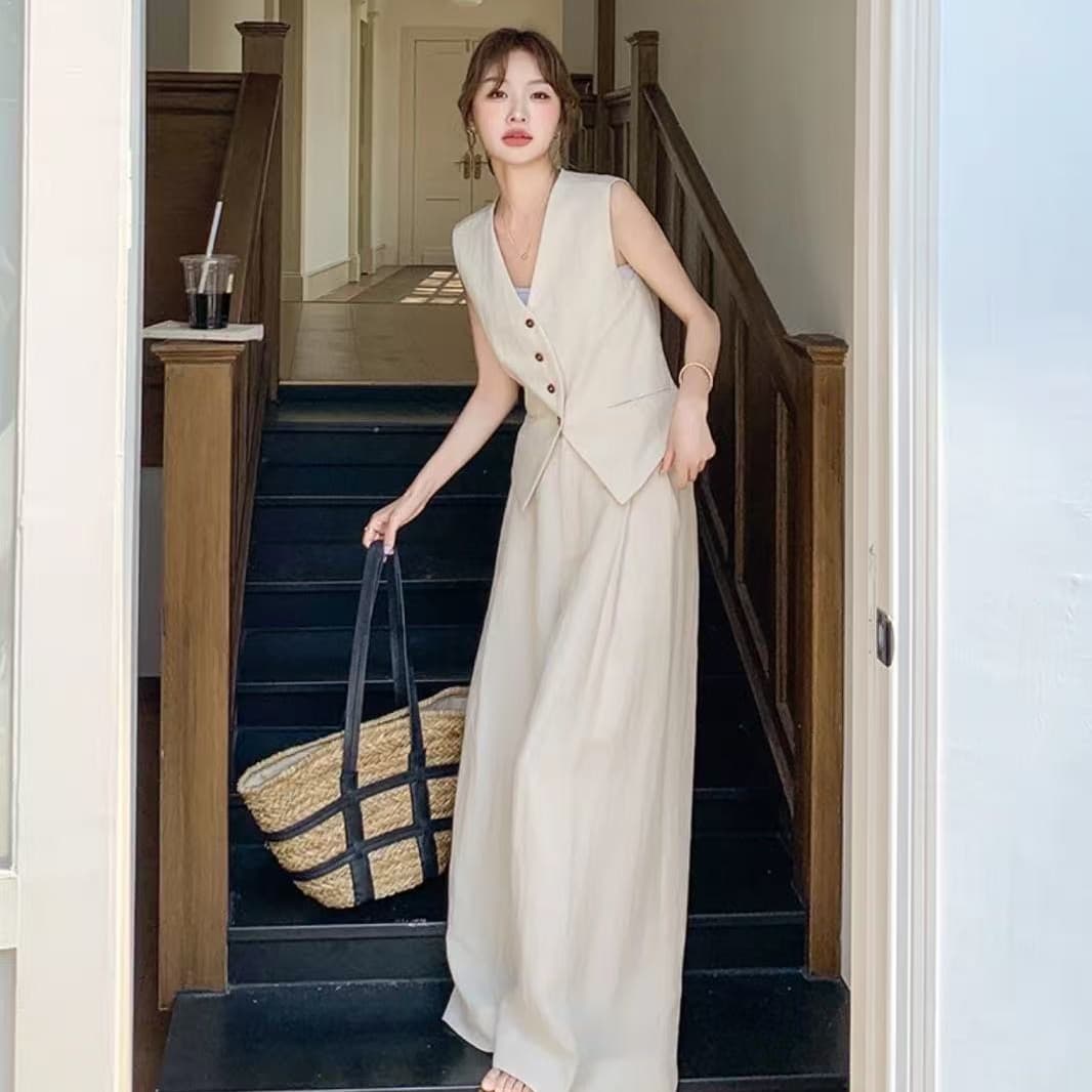 오래된 돈 바람 아마 정장 베스트 넓은 다리 두 조각 여성 세트 새로운 여름 얇은 스타일 통기성 고급 센스 세트 상세 이미지 6