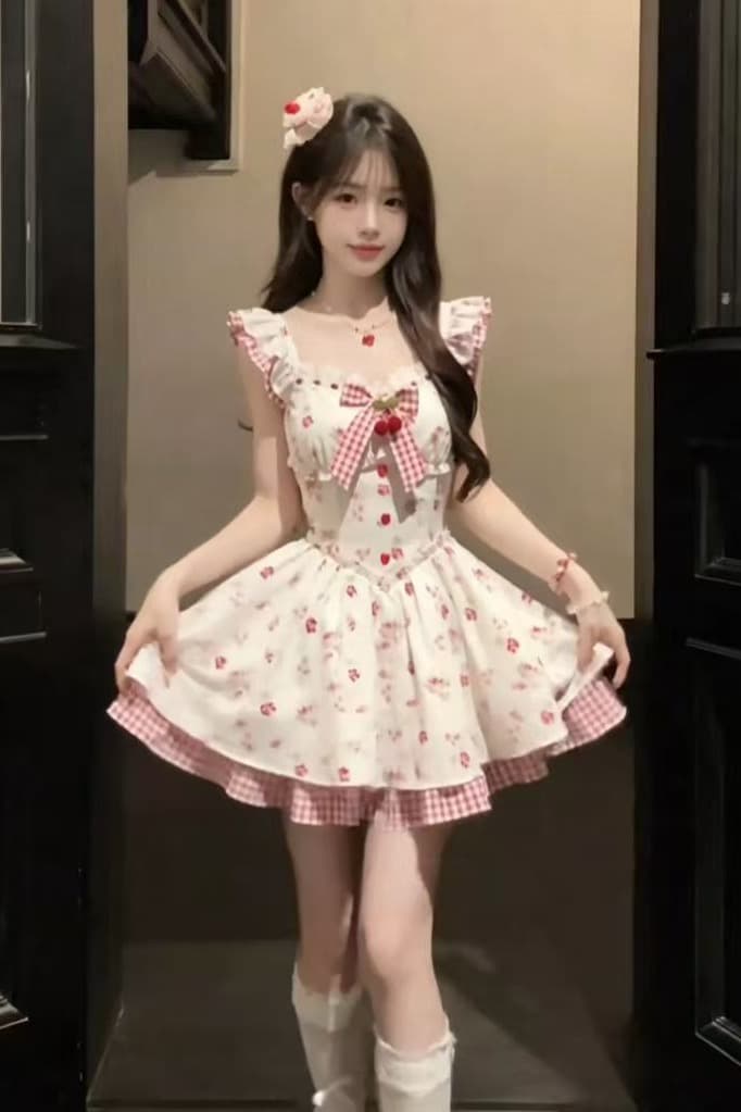 캄파넬라 세과 house 딸기 라스베리 라스베리 달콤한 스타일 프린트 허리 수축 3 차원 나비 매듭 드레스 공주 드레스 이미지 5