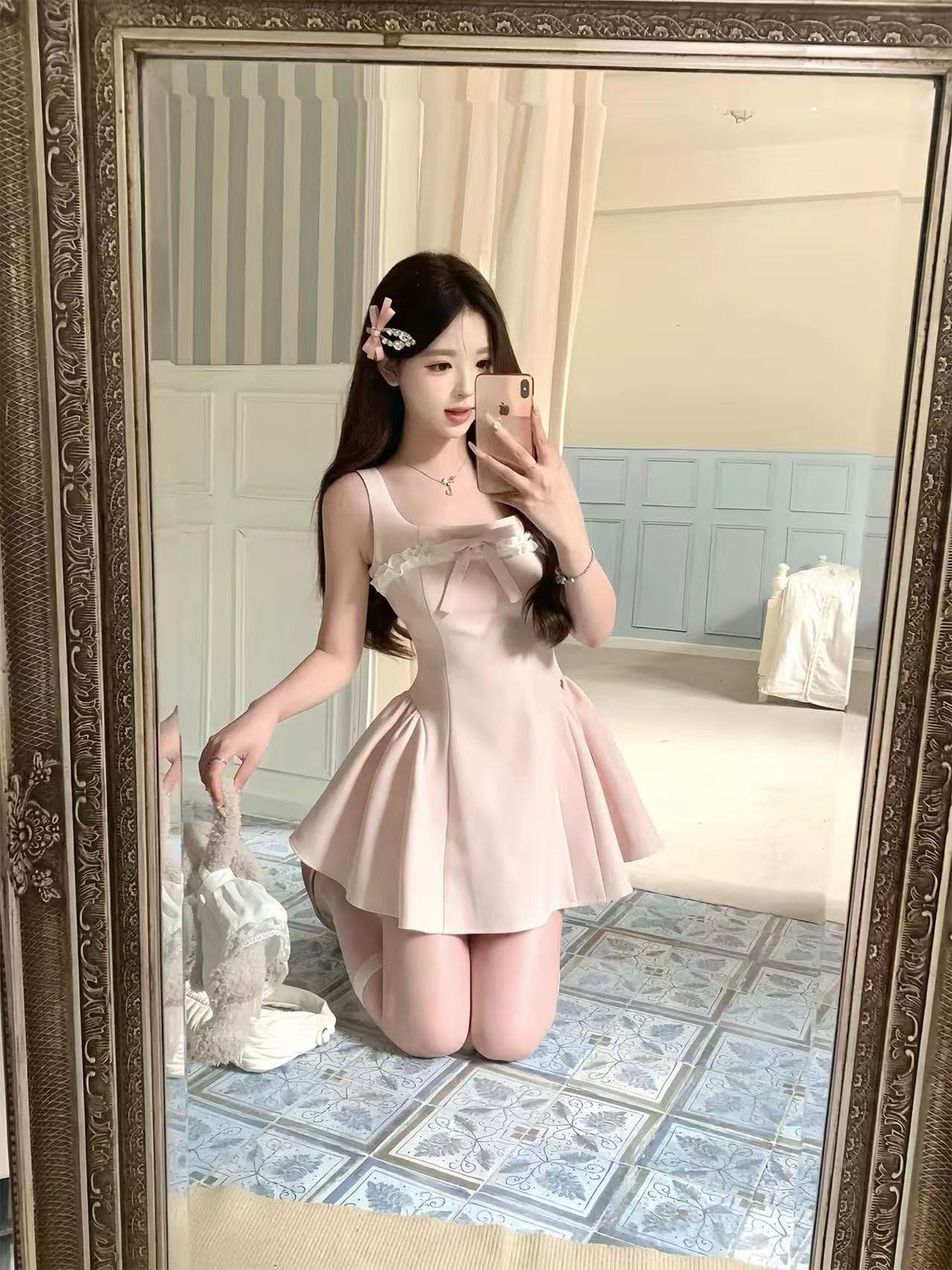 라이트 핑크 달콤함 공주 레이스 드레스 소녀 허리 수축 퍼프 스커트 귀여운 치마 shebyshj 베트남 상세 이미지 2