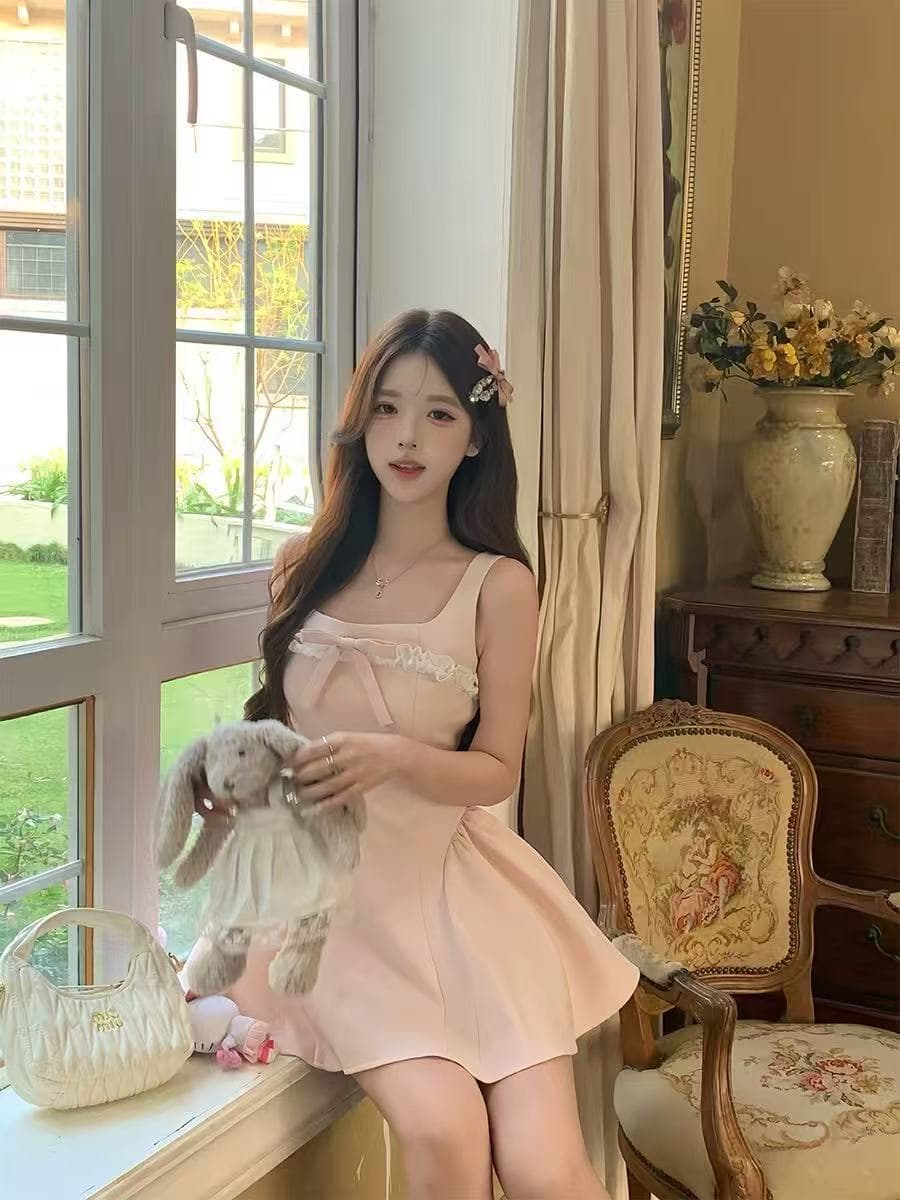 라이트 핑크 달콤함 공주 레이스 드레스 소녀 허리 수축 퍼프 스커트 귀여운 치마 shebyshj 베트남 상세 이미지 4