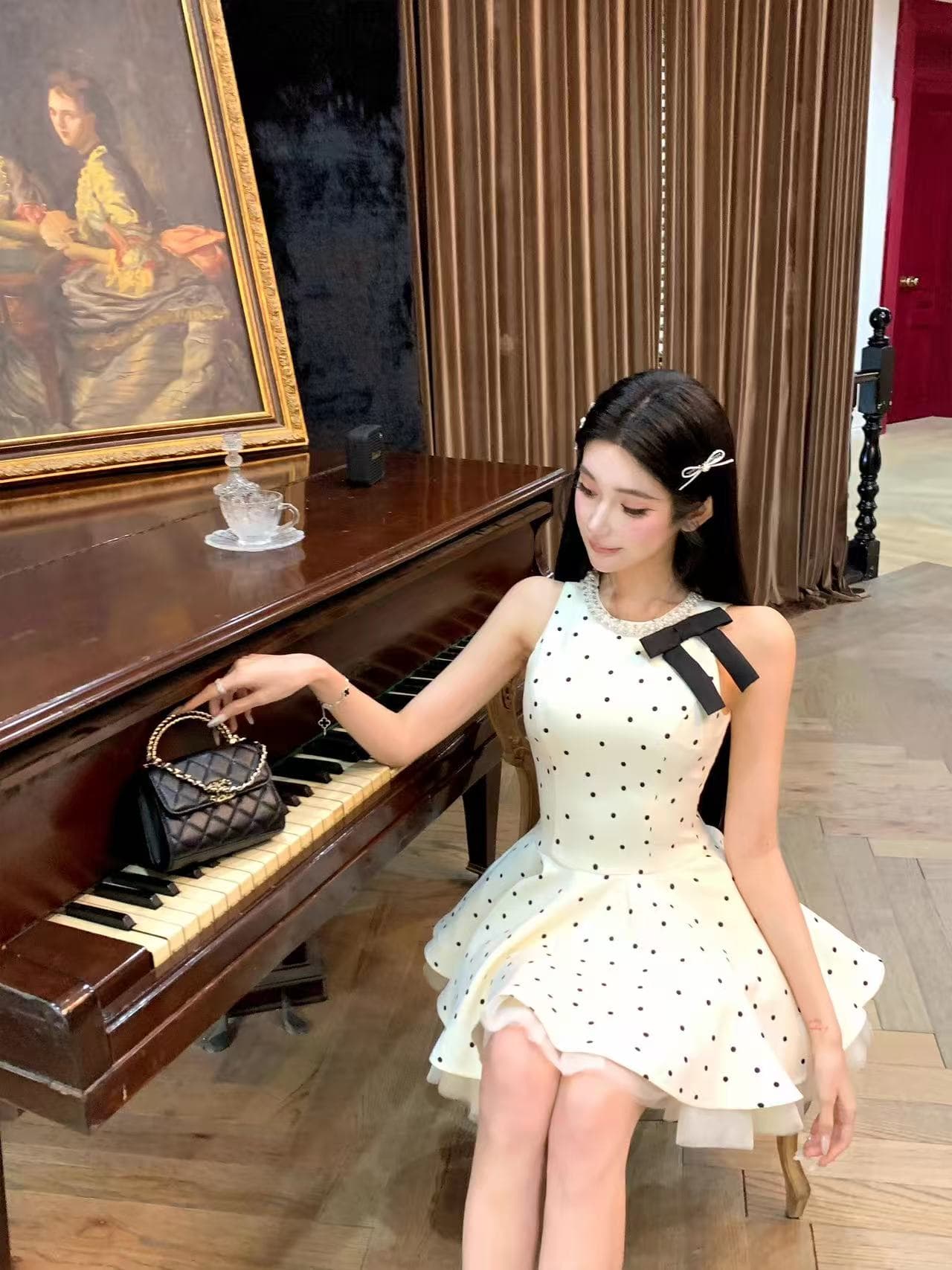 barb chill 달콤함 우유 화이트 공주 드레스 천 골드 여성 드레스 여름 생일 치마 도트 무늬 미니 스커트 상세 이미지 4