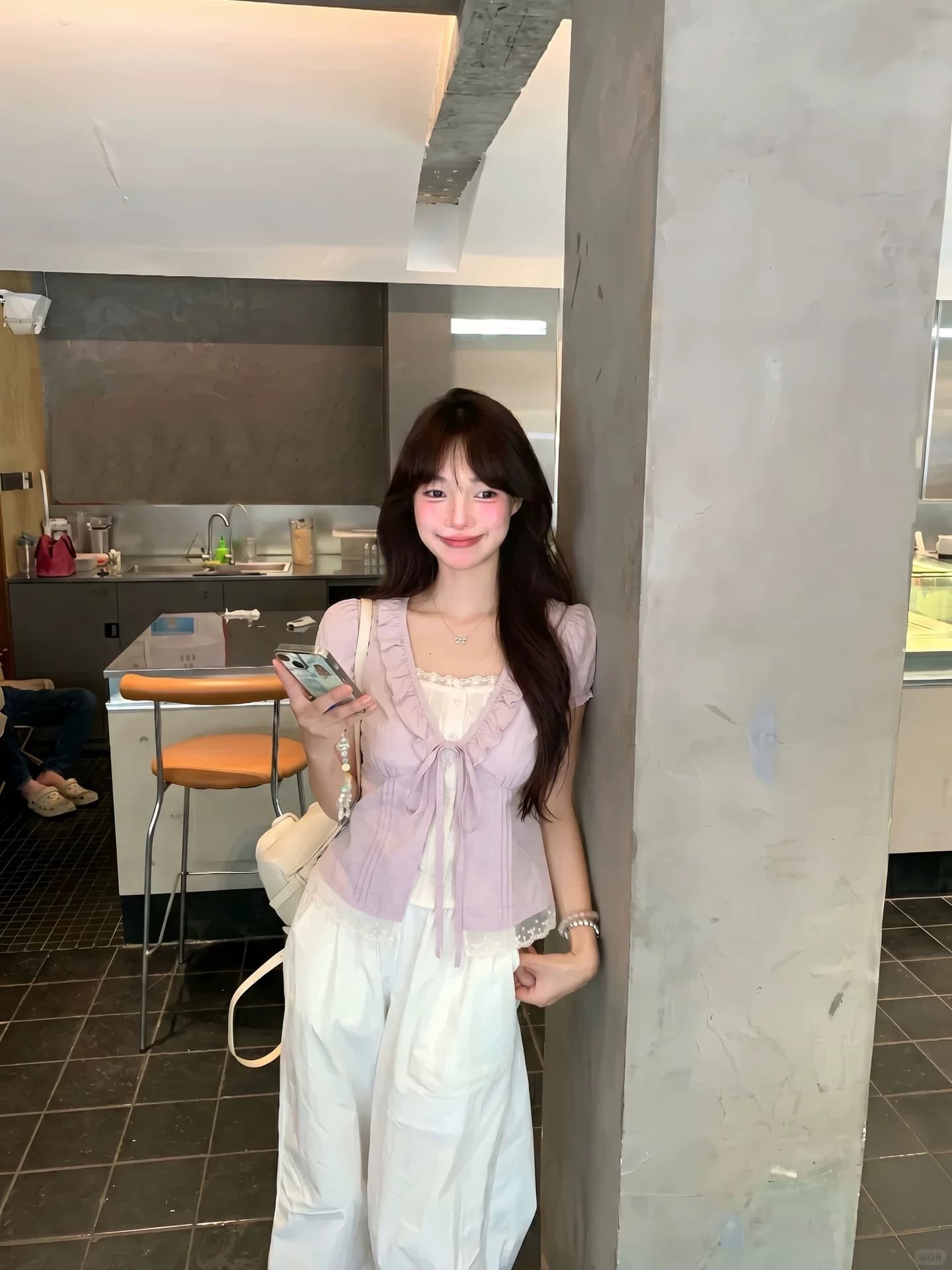 ptonumi 보라색 芋 보보 페이크 레이어드 V넥 도트 무늬 여성 셔츠 여름 달콤함 반팔 거품 소매 맨위 상세 이미지 4