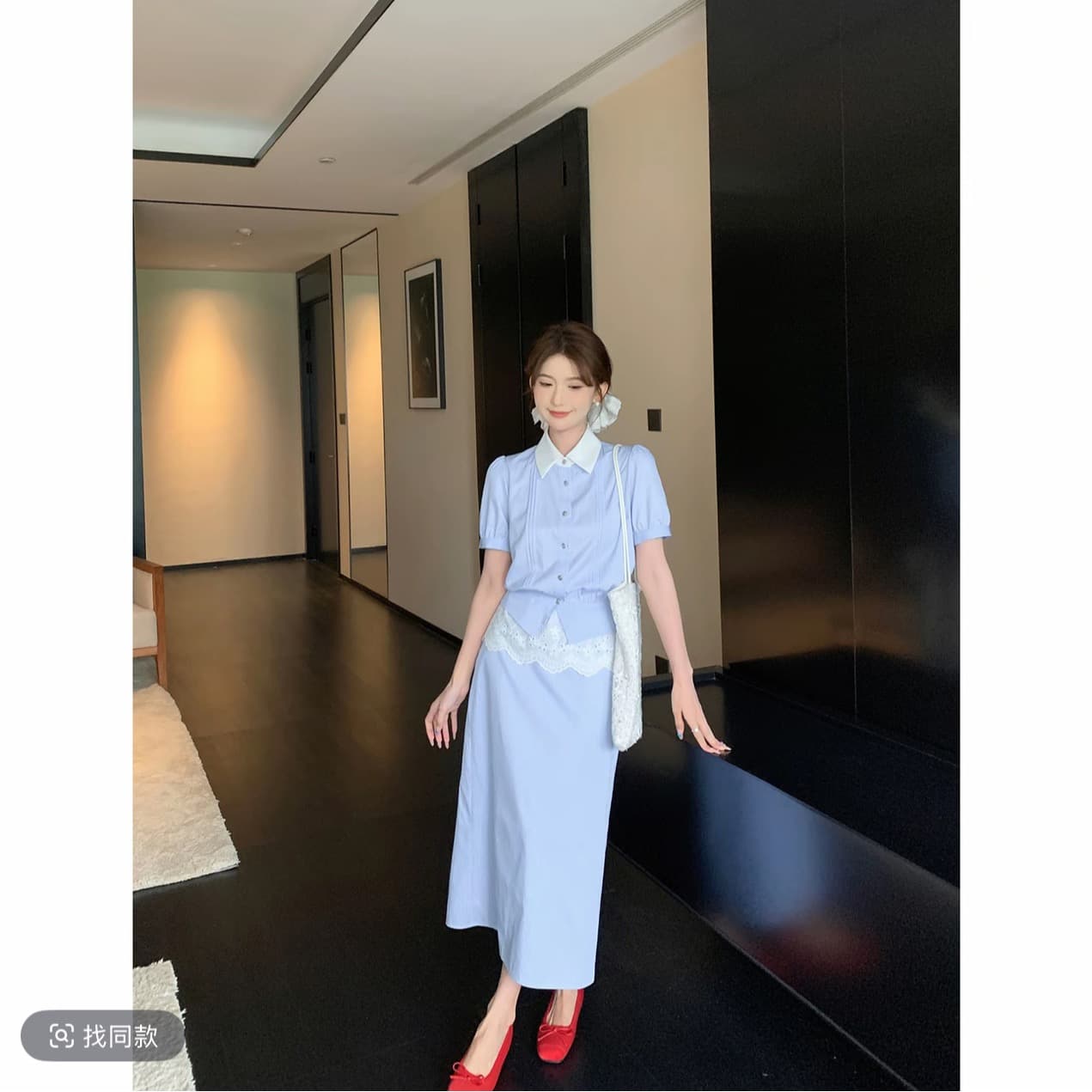 shaoer 블루 화이트 사랑 노래 프랑스식 학원 스타일 여름 청소 상쾌 세트 이미지 3