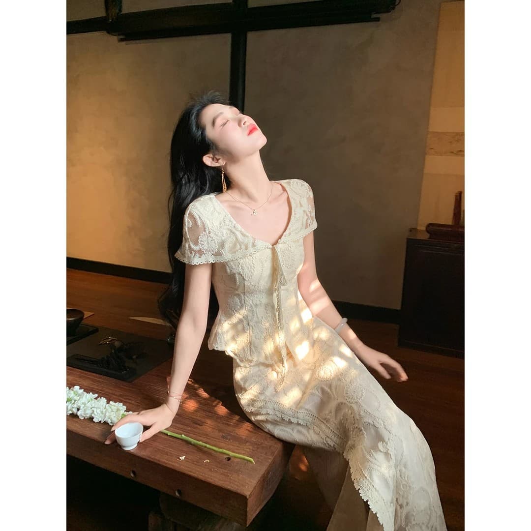 링 茜 거만한 와우 브로케이드 예약하기 야오 프랑스식 홀로우 아웃 자수 맨위 하이웨이스트 품격 슬림해 보이는 레이스 반신 스커트 여성복