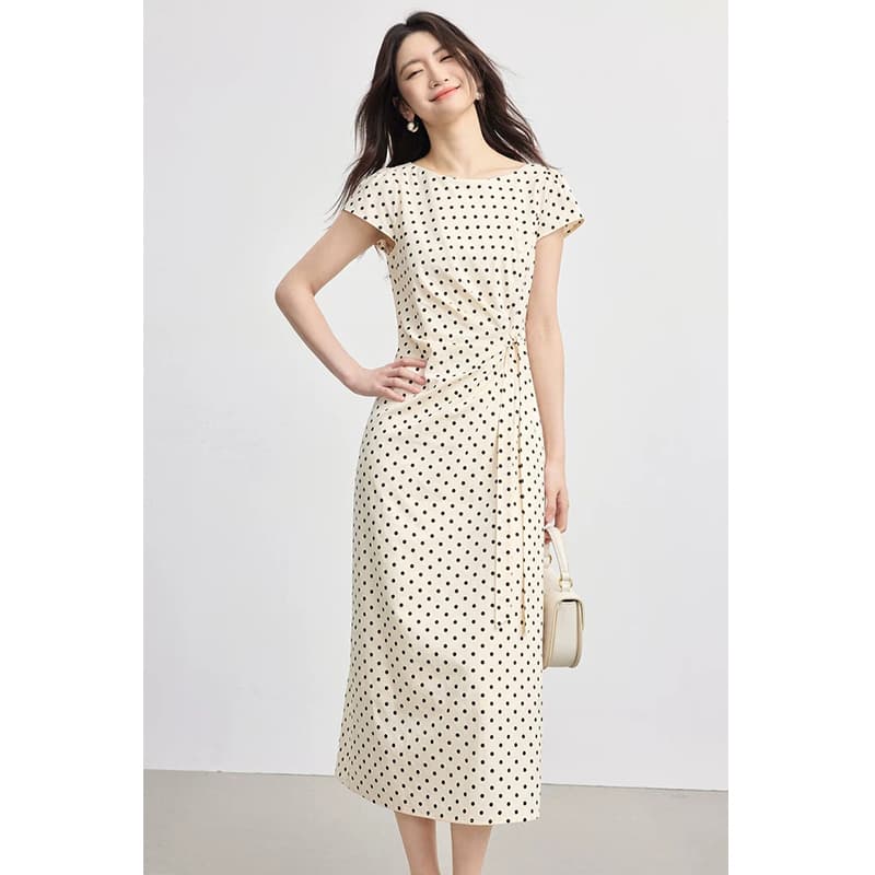 프랑스식 휴가 바람 반팔 도트 무늬 여성 드레스 여름 불규칙 핀치 Pleat 레이스업 허리 수축 길다 치마 이미지 2