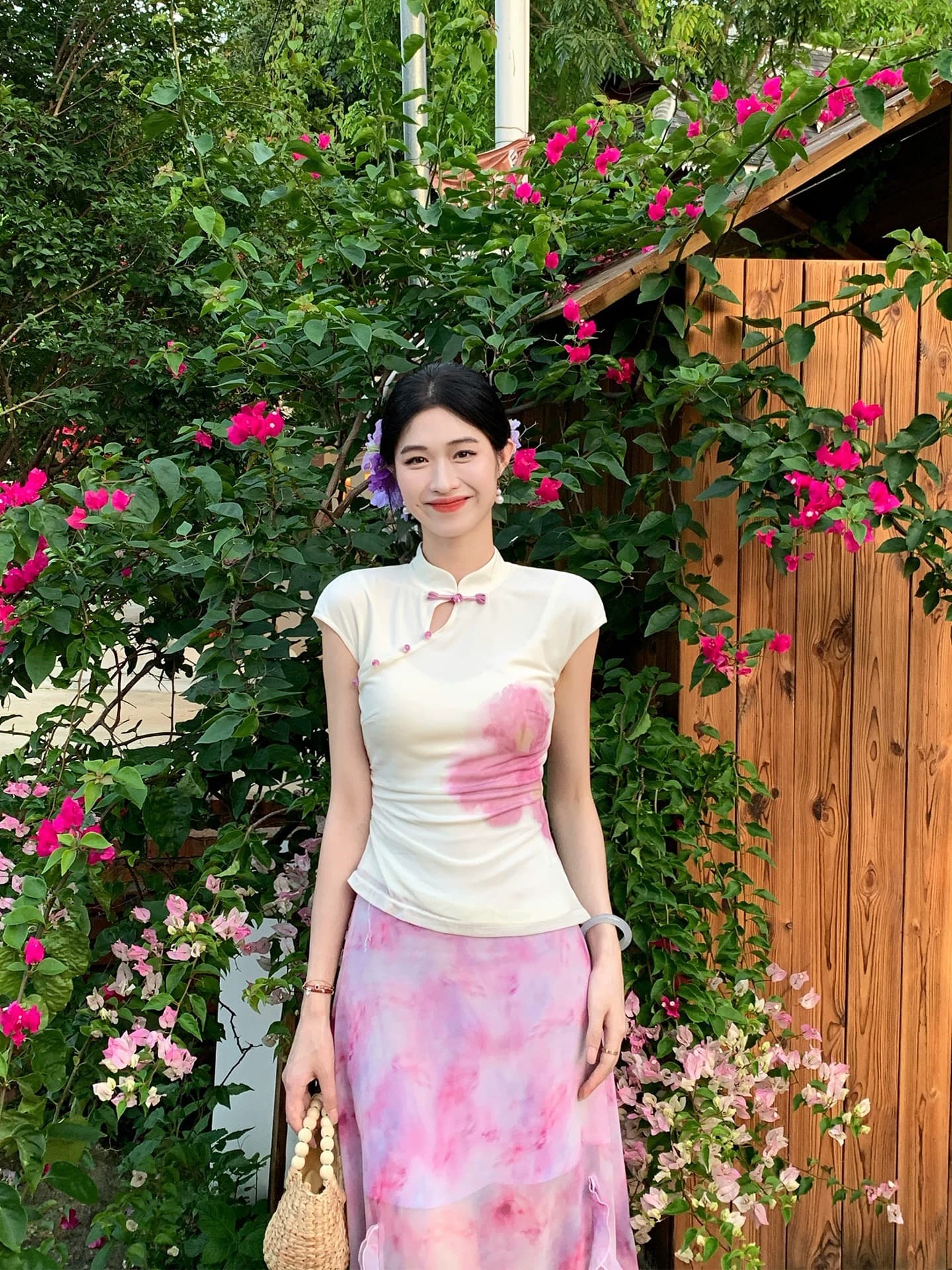 링 茜 거만한 와우 분말 염색 늦게 시리아 새로운 중식 개선 여름 홀치기 염색 허리 수축 짧은 맨위 코디 품격 반신 스커트 이미지 2