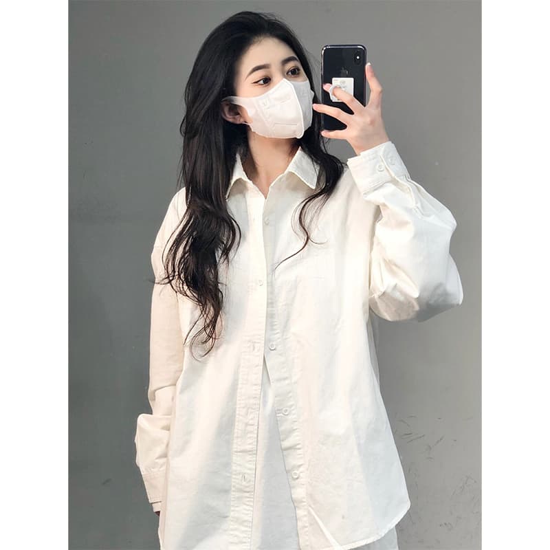 경관 그림 POLO 칼라 긴팔 셔츠 봄 가을 루즈핏 맨위 출퇴근 느긋한 바람 다용도 흰 셔츠 상세 이미지 1