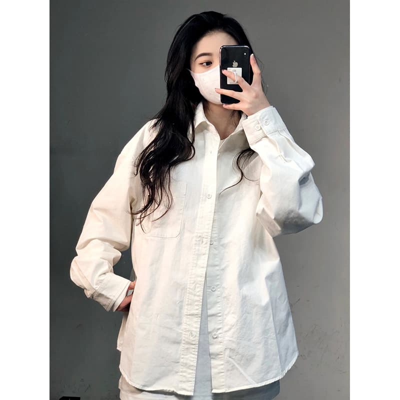 경관 그림 POLO 칼라 긴팔 셔츠 봄 가을 루즈핏 맨위 출퇴근 느긋한 바람 다용도 흰 셔츠 상세 이미지 2