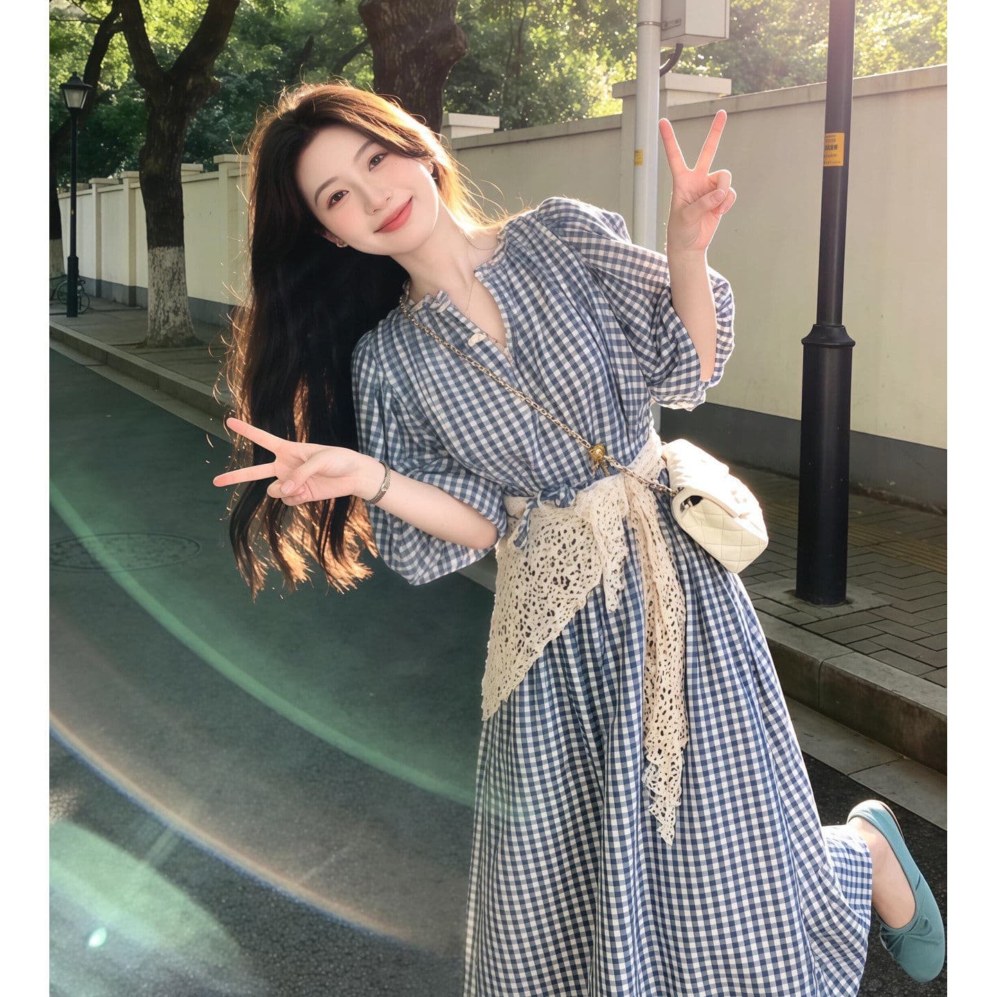 순수한 하얀 달빛 달콤한 스타일 파란색 체크무늬 여성 드레스 여름 일본식 미니멀리즘 학원 스타일 작은 키 요정 치마 상세 이미지 3