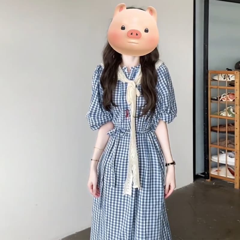 순수한 하얀 달빛 달콤한 스타일 파란색 체크무늬 여성 드레스 여름 일본식 미니멀리즘 학원 스타일 작은 키 요정 치마 상세 이미지 6