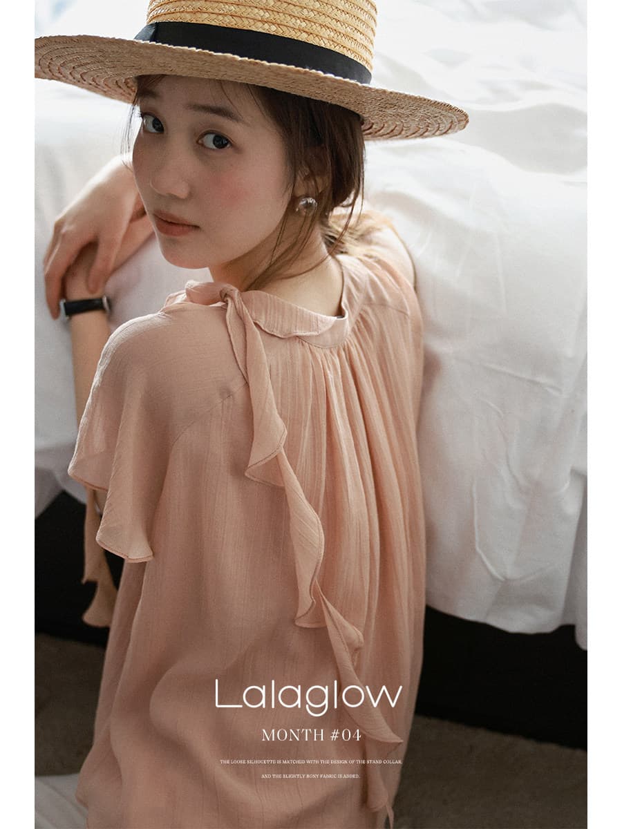 lalaglow Pinellia 달콤한 꿈 하루 종일 실크 프랑스식 프릴 이중층 리본 반팔 여성 셔츠 프로 피부 통기성 상세 이미지 8