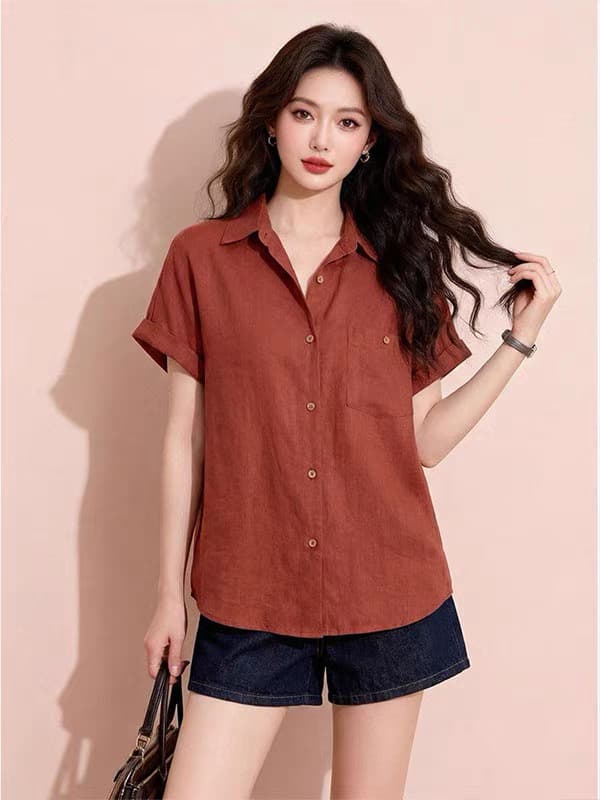 고급 센스 분위기 센스 아마 바람 폴로 칼라 반팔 셔츠 여름 느슨함 센스 루즈핏 디자인 센스 작은 대중 단추 맨위 상세 이미지 4
