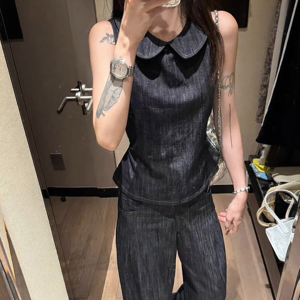 데님 블루 백리스 스트랩 디자인 센스 베이비 칼라 민소매 작은 셔츠 하이웨이스트 넓은 다리 데님 캐주얼 바지 세트 이미지 4