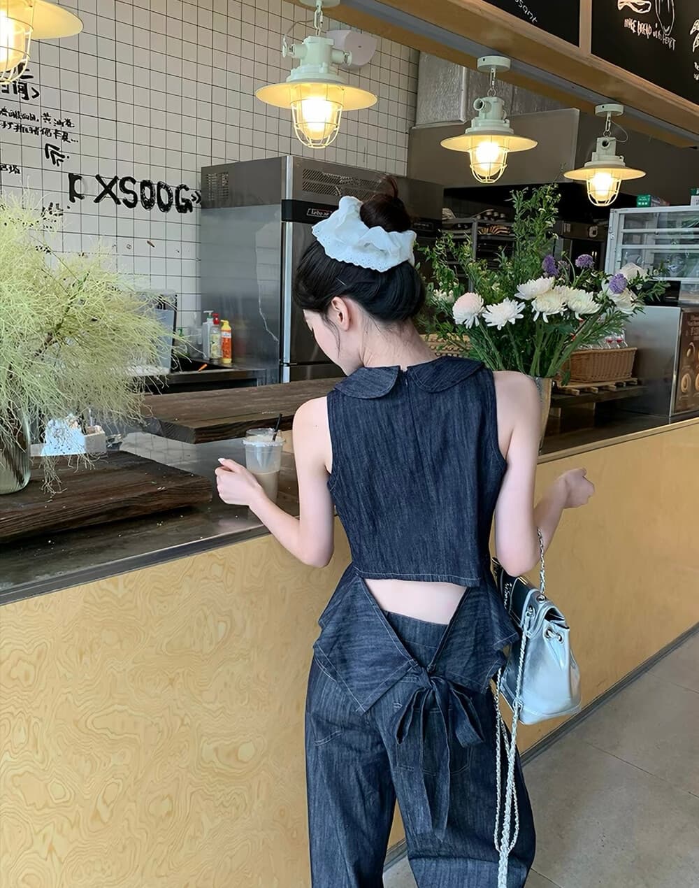 데님 블루 백리스 스트랩 디자인 센스 베이비 칼라 민소매 작은 셔츠 하이웨이스트 넓은 다리 데님 캐주얼 바지 세트 상세 이미지 3
