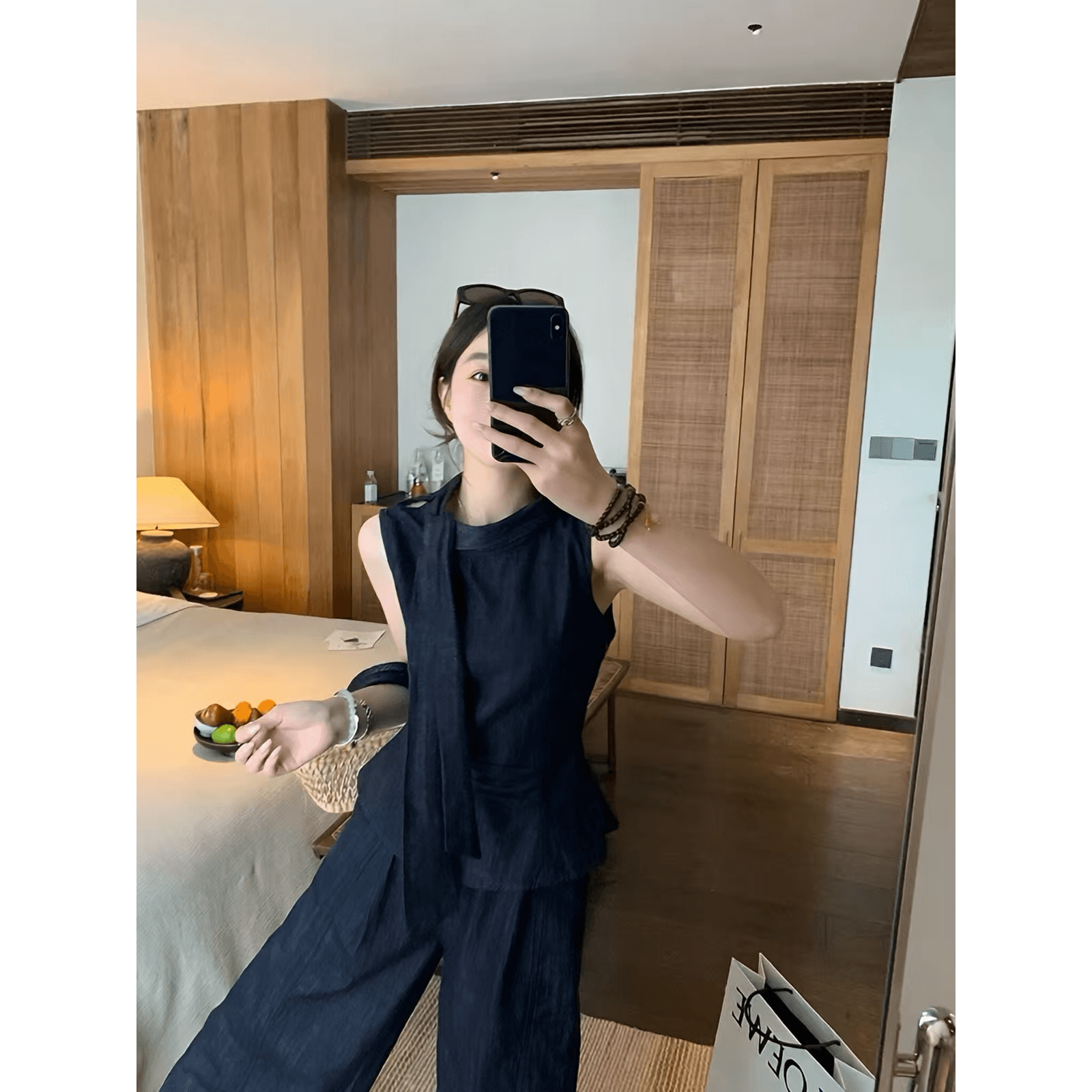 여름 디자인 센스 측면 단추 허리 수축 데님 맨위 넓은 다리 캐주얼 긴 바지 세트 패션 투피스 세트 이미지 5