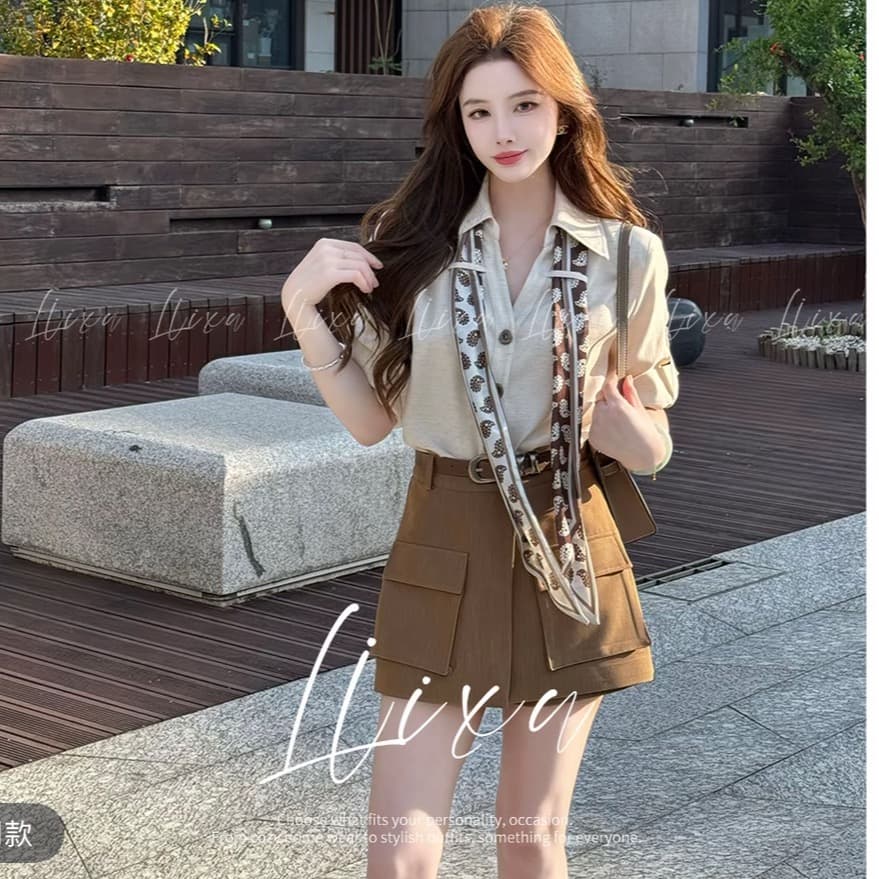 당나라 작은 느릅 나무 여름 새로운 디자인 센스 폴로 칼라 셔츠 코디 하이웨이스트 워크웨어 반바지 세트 이미지 4