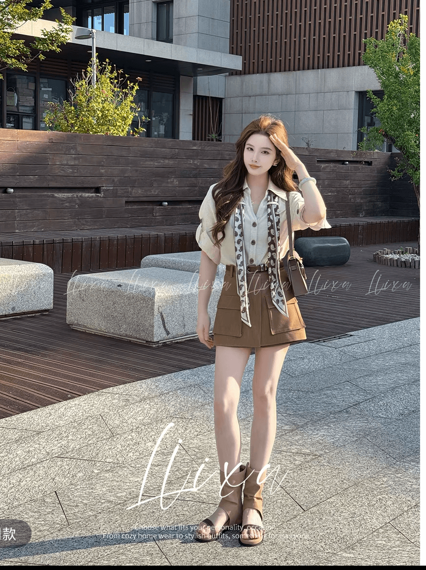 당나라 작은 느릅 나무 여름 새로운 디자인 센스 폴로 칼라 셔츠 코디 하이웨이스트 워크웨어 반바지 세트 상세 이미지 2