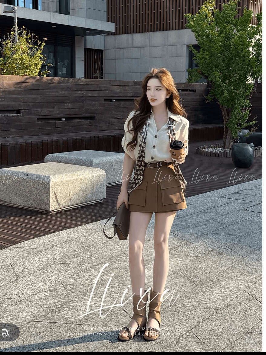 당나라 작은 느릅 나무 여름 새로운 디자인 센스 폴로 칼라 셔츠 코디 하이웨이스트 워크웨어 반바지 세트 상세 이미지 3