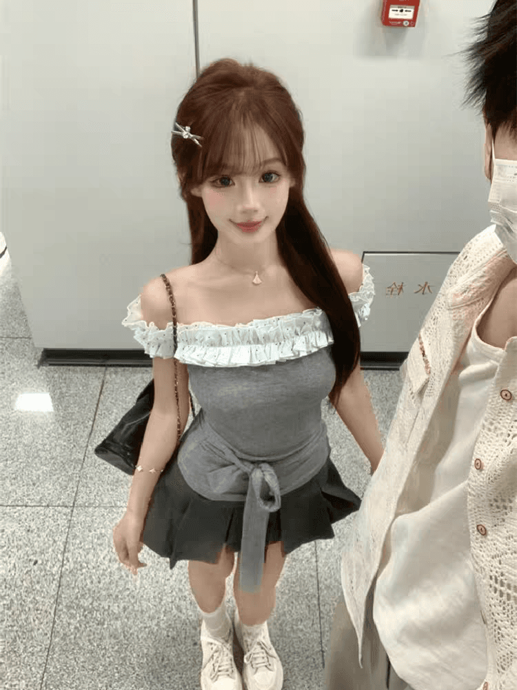 popwest 丨 도트 무늬 레이스 패치워크 오프숄더 허리 수축 티셔츠 여성 여름 섹시함 핫걸 발레 바람 레이스업 세트 상세 이미지 6