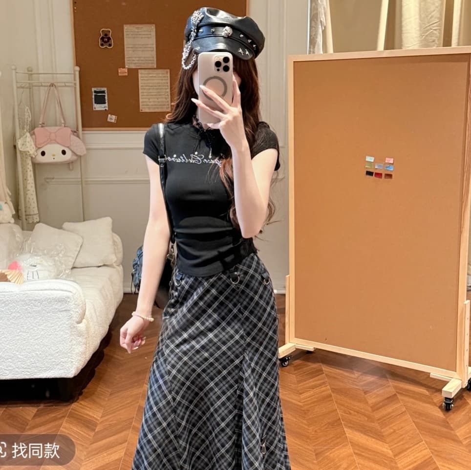 갈색 설탕 연인 직물 돼지 오리지널 달콤함 코치 바람 봄 여름 여성 검정색 알파벳 프린트 맨위 체크무늬 롱 스커트 이미지 3