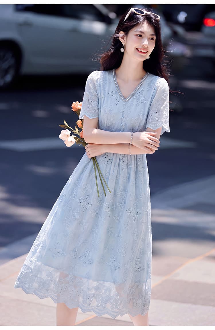 빛 럭셔리 무거운 작업 달콤함 비즈 박기 칼라 자수 드레스 아모이 레이스 밑단 반팔 중간 길이 스커트 상세 이미지 11