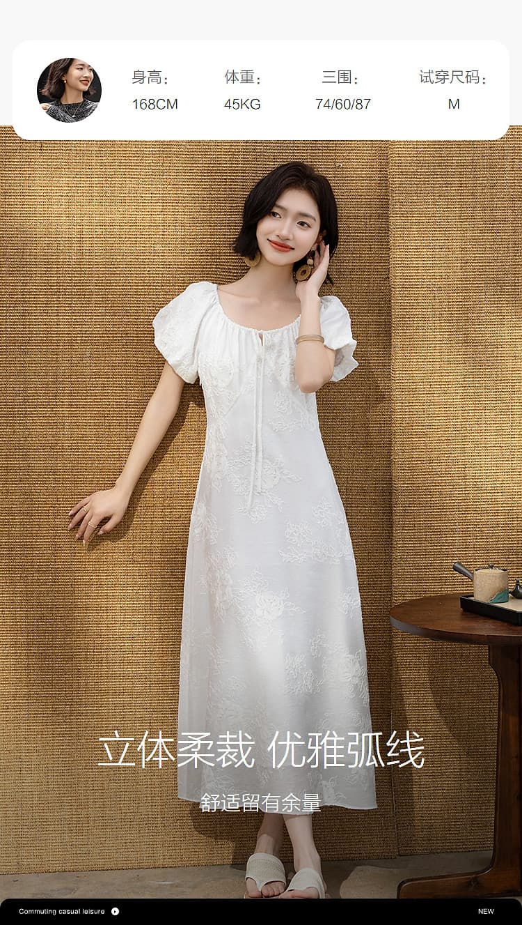 프랑스식 낭만주의 여름 도시 라운드 넥 꽃밭 소매 자수 리본 슬림해 보이는 여성 드레스 고급 센스 상세 이미지 9