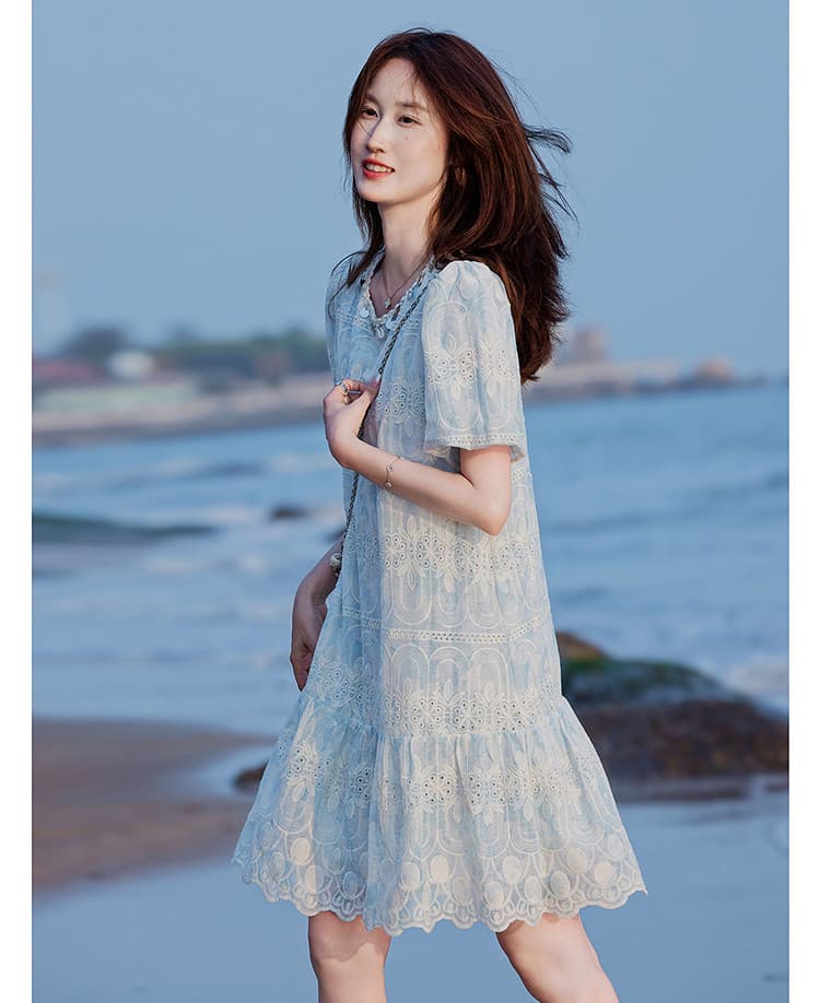 한국 스타일 여름 무거운 작업 자수 레이스 우아함 품격 샤오 양 치마 라운드 넥 버블 지도자 한 마디 여성 드레스 상세 이미지 2